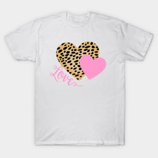 Cheetah Fur Pattern and Pink Hearts with Love Text T-Shirt